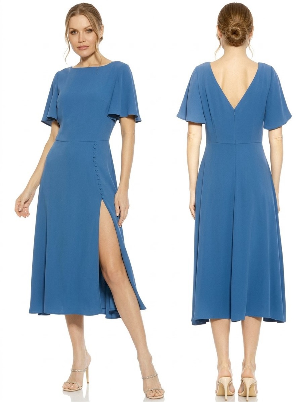 NWT Alexia Admor Aster Boatneck Flutter Sleeve Midi Dress Blue Slit 6 Cocktail